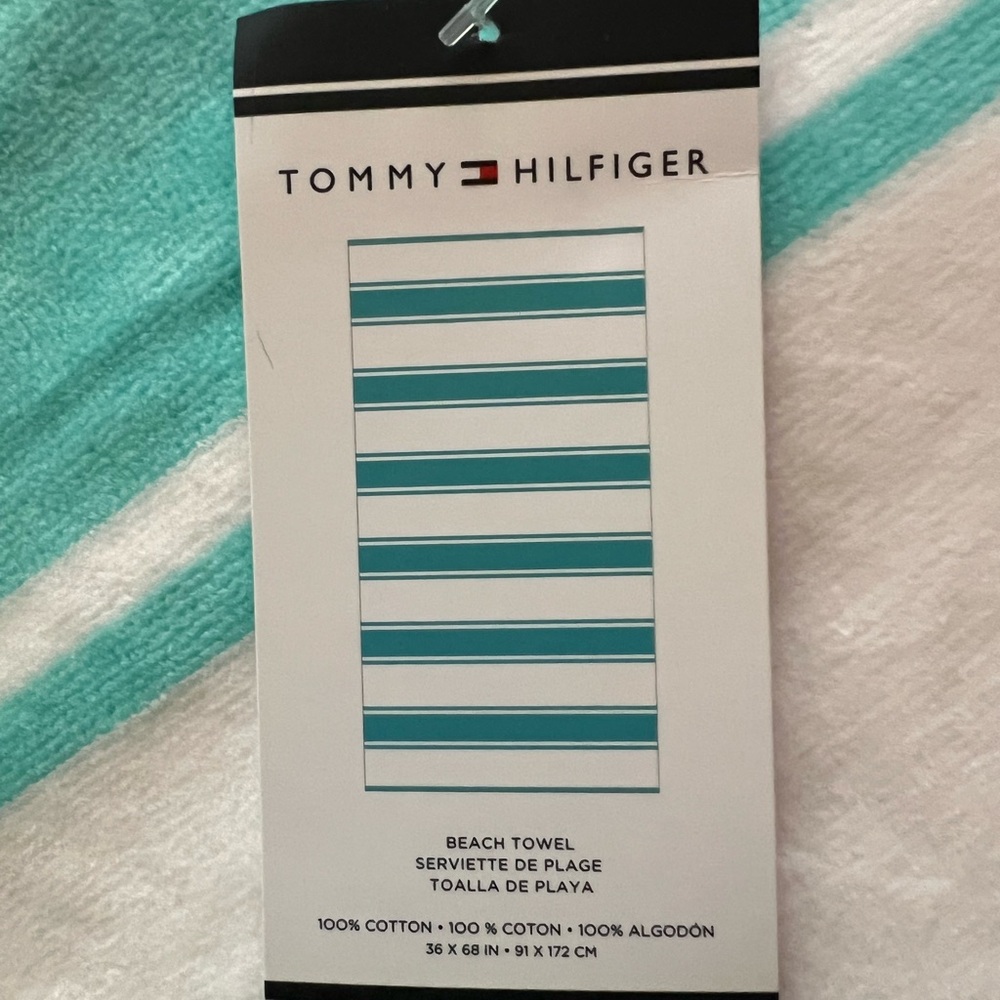 Tommy Hilfiger White and Aqua Stripe Beach Towel - Picture 2 of 4